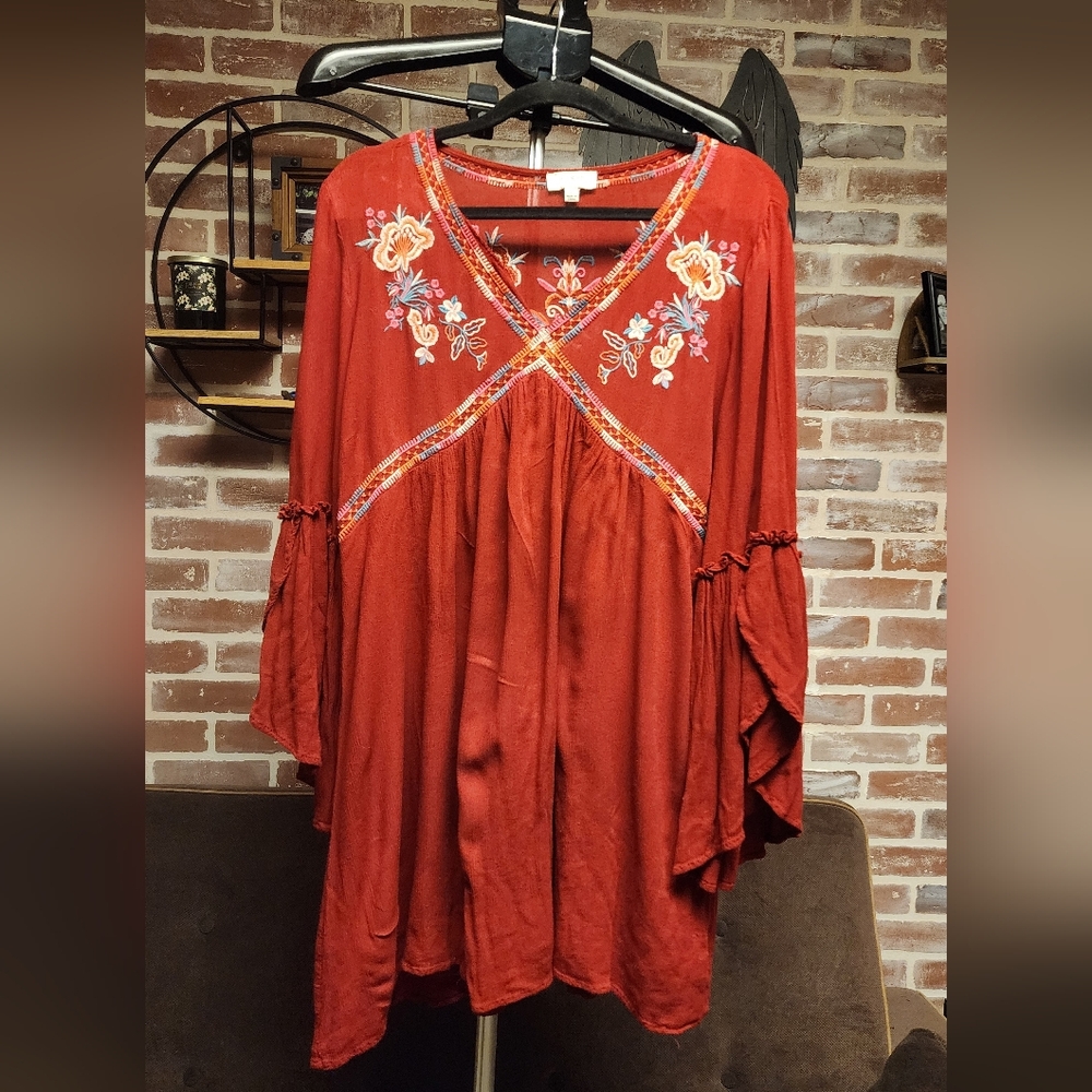 Umgee Red Embroidered Tunic Top